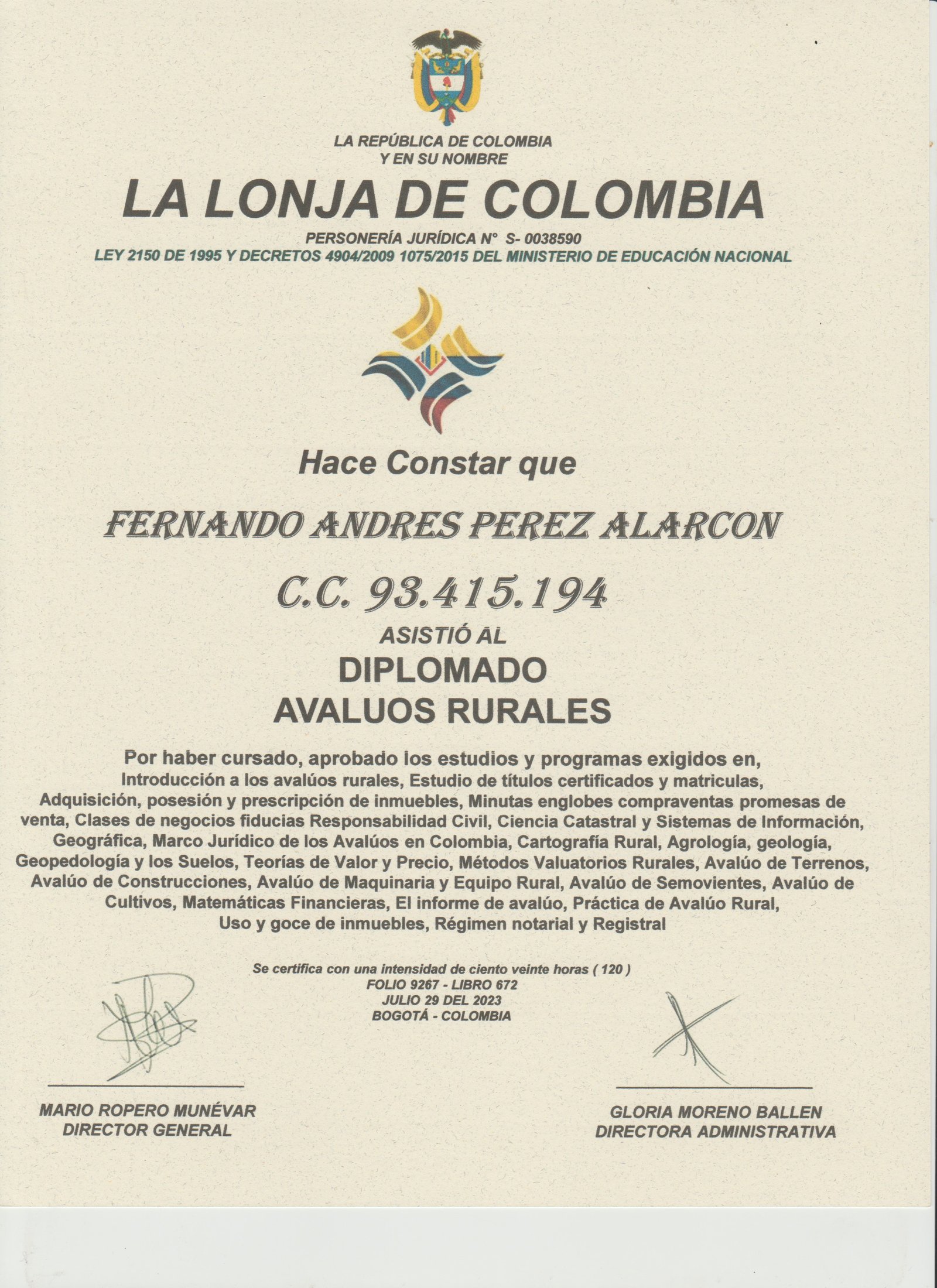 Diplomado en Avalúos Rurales - Fernando Andrés Pérez Alarcón - Consulta Mis Inmuebles S.A.S. | Tu nuevo comienzo empieza hoy!