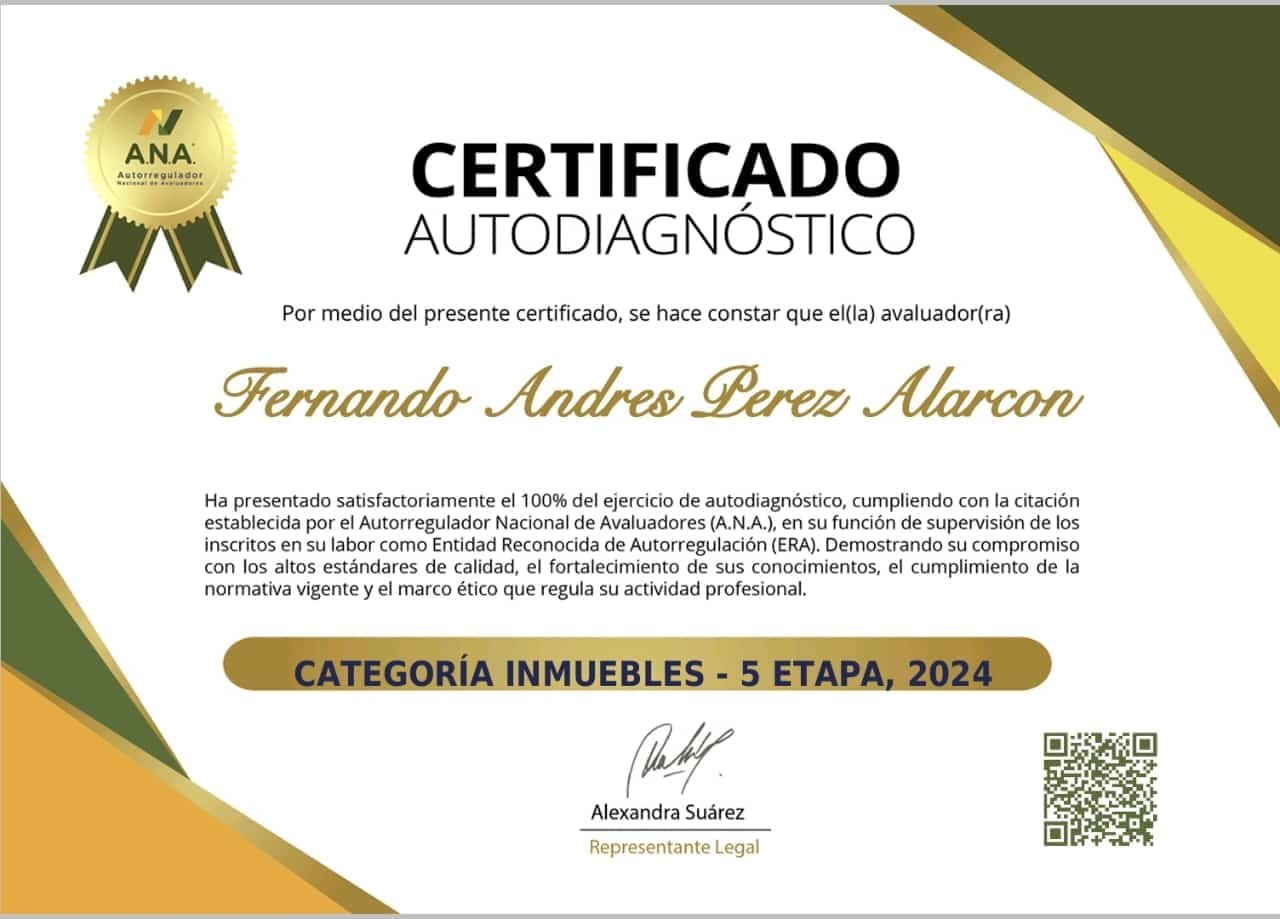 Certificado Autodiagnóstico - Autoregulador Nacional de Avaluadores ANA - Fernando Andrés Pérez Alarcón - Consulta Mis Inmuebles S.A.S. | Tu nuevo comienzo empieza hoy!