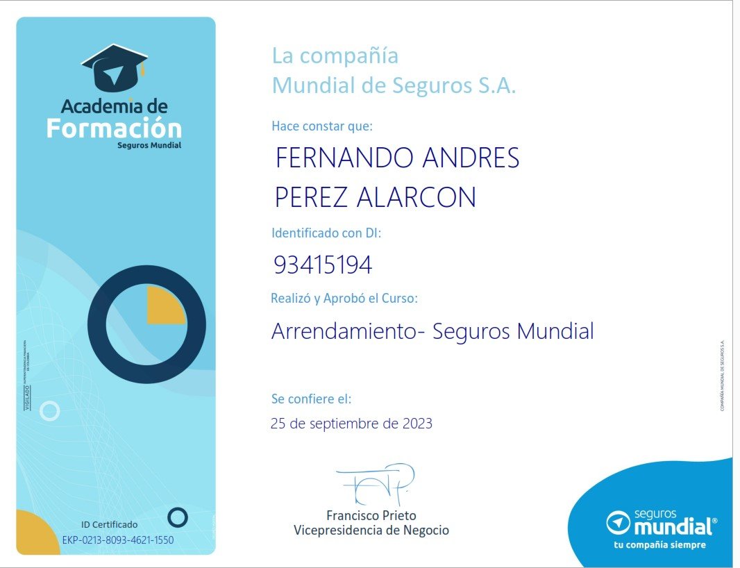 Certificado de Arrendamiento - Seguros Mundial - Fernando Andrés Pérez Alarcón - Consulta Mis Inmuebles S.A.S. | Tu nuevo comienzo empieza hoy!