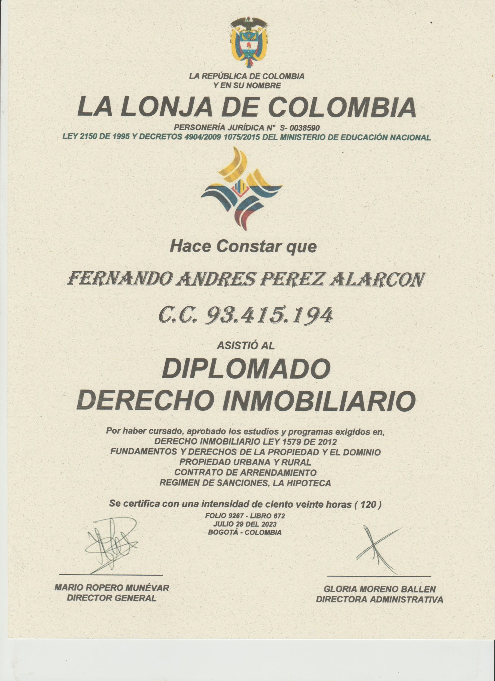Diplomado en Derecho Inmobiliario - Fernando Andrés Pérez Alarcón - Consulta Mis Inmuebles S.A.S. | Tu nuevo comienzo empieza hoy!
