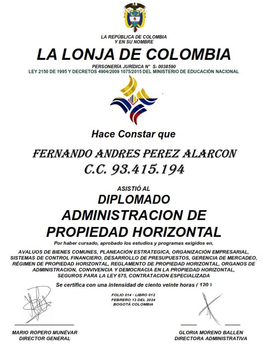 Diplomado en Administración de Propiedad Horizontal - Fernando Andrés Pérez Alarcón - Consulta Mis Inmuebles S.A.S. | Tu nuevo comienzo empieza hoy!